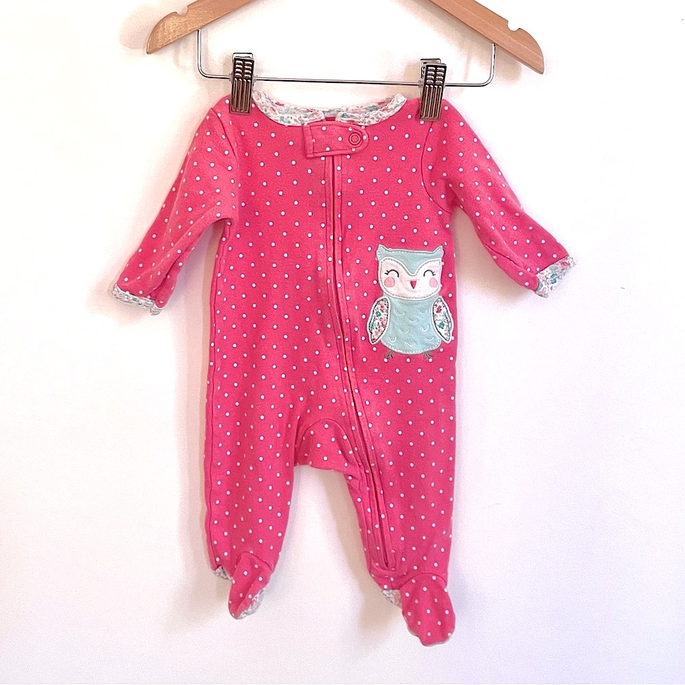 4/$20💥Owl Baby Girl Footie Sleeper One Piece, Pink & White Polka Dots